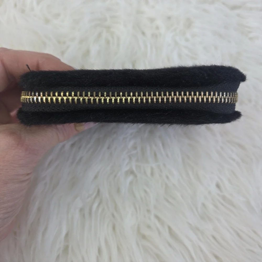 Claire's Black Gold Square Zip Around Elegant Faux Fur Wallet Clutch Purse